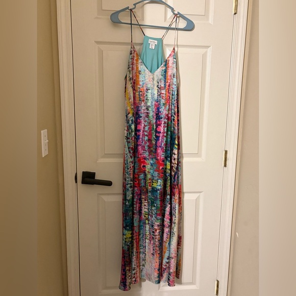 Nicole Miller  Spaghetti Strap Watercolor wedding guest  Dress Silky Maxi Sz xl - Picture 3 of 9